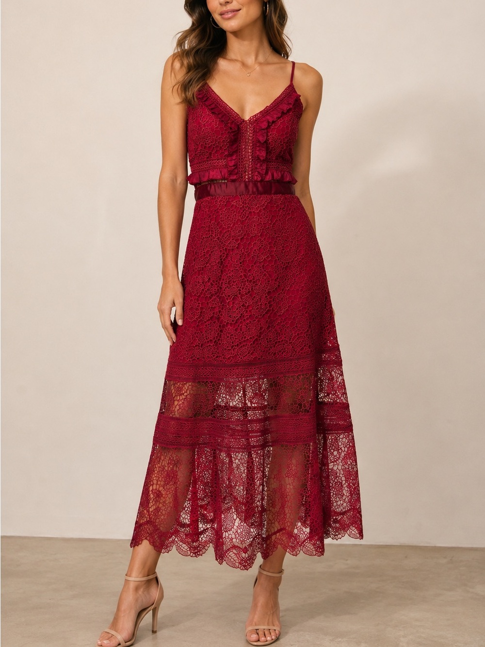 Few Moda Red Burgundy Lace Ruffle V Neck Midi Dress size Large